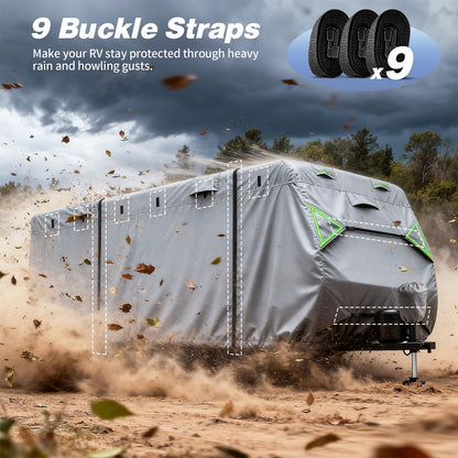 Jack Boss RV Cover, 7 Layers Waterproof Camper Cover with Tongue Jack Cover, Windproof Travel Trailer Cover with Gutter Cover, Fit for 27-30ft