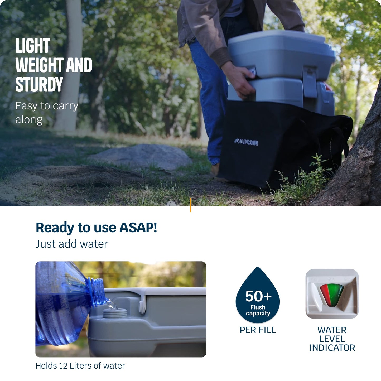 Alpcour Portable Toilet – Compact Indoor & Outdoor Commode w/Travel Bag for Camping, RV, Boat – Piston Pump Flush, 6 Gallon Waste Tank, Built-In Pour Spout & Washing Sprayer for Easy Cleaning
