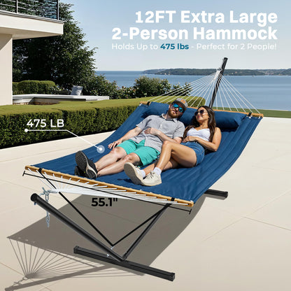 SUPERJARE Hammock with Stand, 2 Person Quilted Outdoor Hammock, Detachable Pillow & Bamboo Spreaders, Portable Hammock with Carrying Bag, Heavy Duty Stand, Perfect for Outside, Patio, Navy Blue