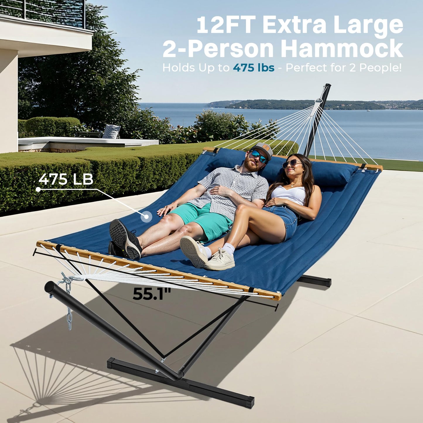 SUPERJARE Hammock with Stand, 2 Person Quilted Outdoor Hammock, Detachable Pillow & Bamboo Spreaders, Portable Hammock with Carrying Bag, Heavy Duty Stand, Perfect for Outside, Patio, Navy Blue