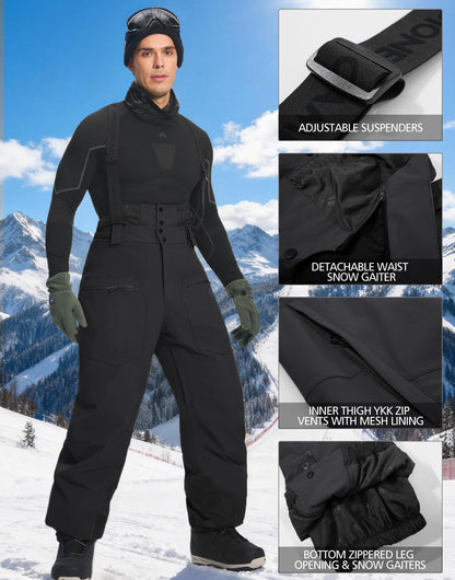 Pioneer Camp Snow Pants Men Baggy Snowboard Pants Waterproof Insulated Outdoor Winter Warm Ski Bibs Overall with Suspenders Black