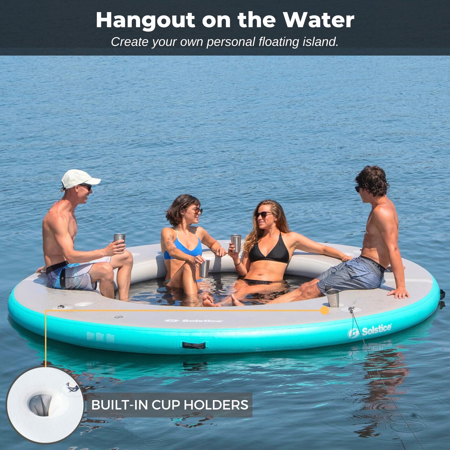 Solstice 10-Person Circular Mesh Inflatable Dock, Floating Water Raft Platform, 10ft - Round Outdoor Ring for Lake, River, Swimming Pool & Beach, Includes w/Carry Bag & Repair Kit