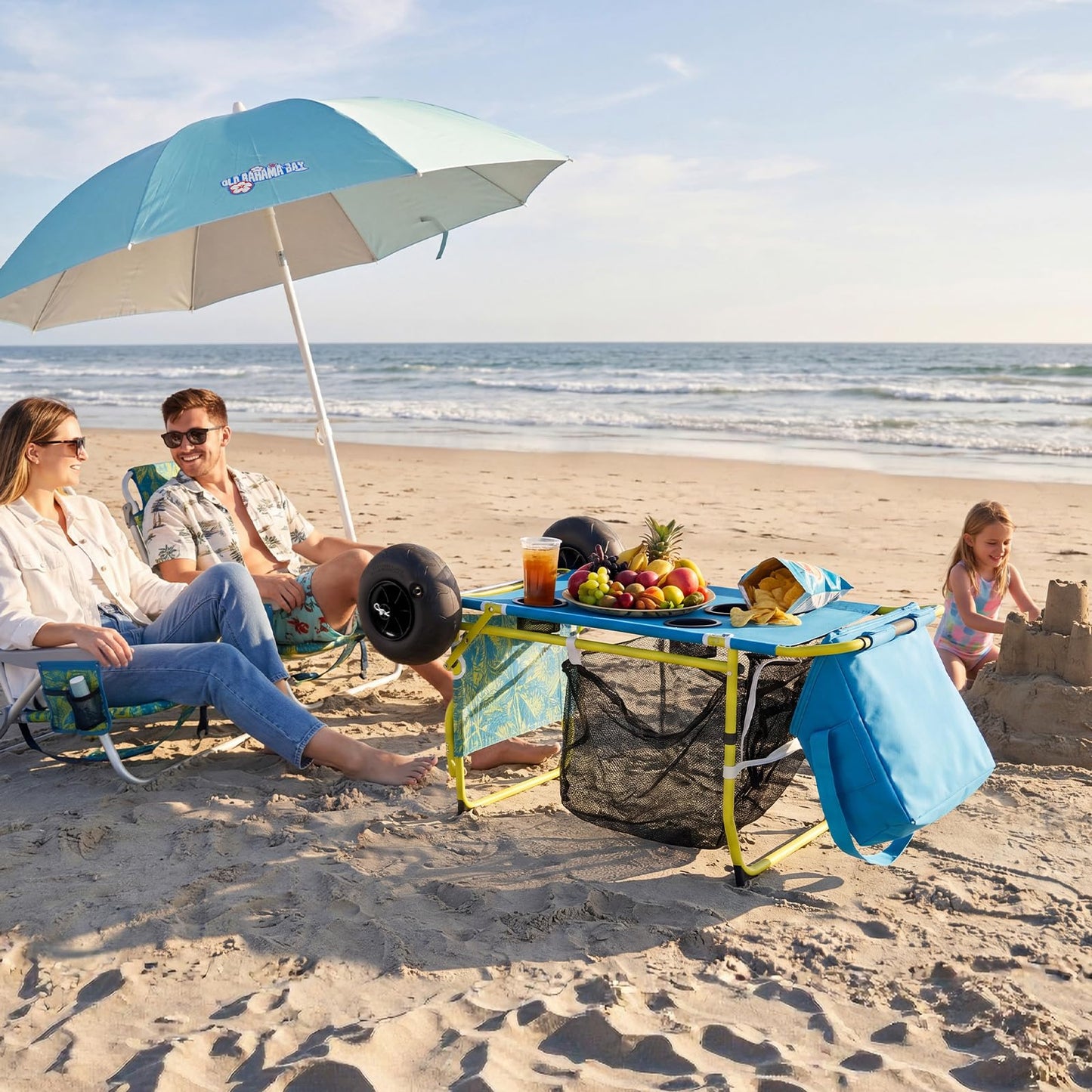 2-in-1 Beach Cart with Big Balloon Wheels for Sand, Folding Utility Wagon with Chair Holder, Cooler Bag, Mesh Storage, 4 Cup Holders, Umbrella Rack, Supports 100 lbs, Ideal for Beach, Camping, Picnic