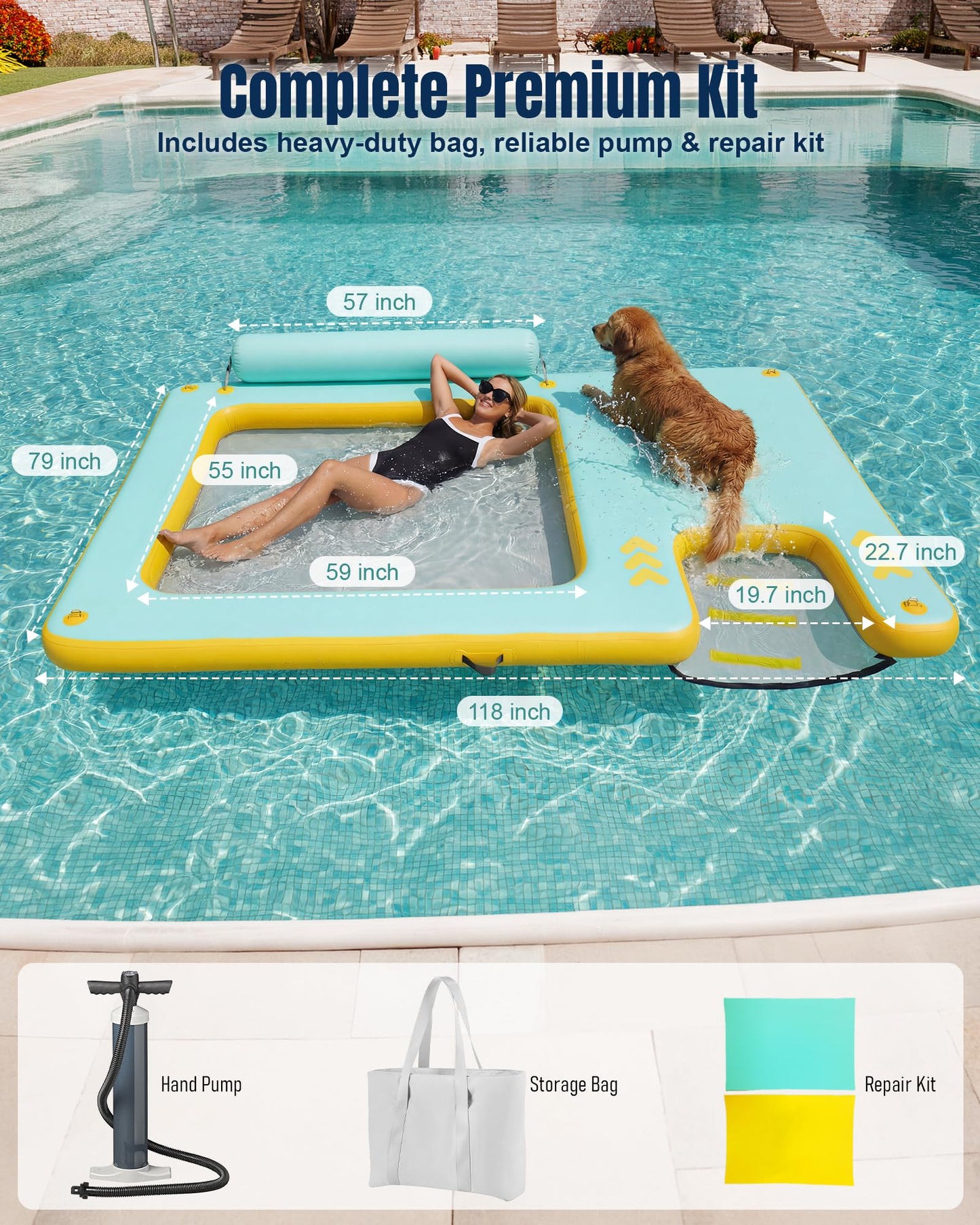 Inflatable Floating Dock for Dogs & Family Water Fun, 8FT/10FT Large Floating Island with Water Hammock and Easy-Access Dog Ramp, Portable Swim Platform for Lakes, Boats, Beaches and Pools