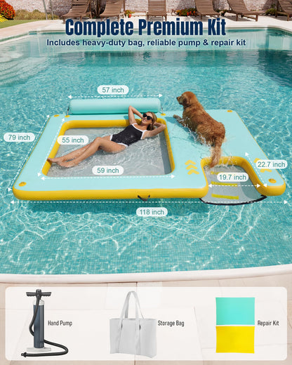 Inflatable Floating Dock for Dogs & Family Water Fun, 8FT/10FT Large Floating Island with Water Hammock and Easy-Access Dog Ramp, Portable Swim Platform for Lakes, Boats, Beaches and Pools