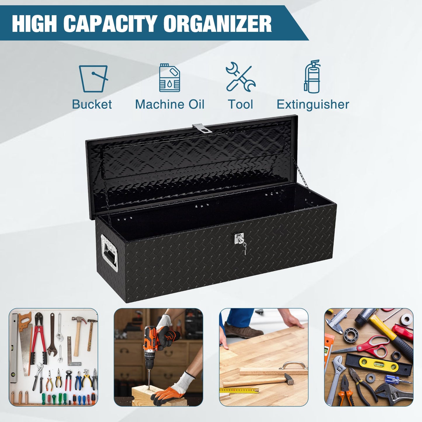 Garvee 39 in Heavy Duty Aluminum Diamond Plated Tool Box Pick Up Truck Bed RV Trailer Toolbox Square Storage Organizer with Side Handle, Lock and Keys, Waterproof -39 in x 13 in x 10 in
