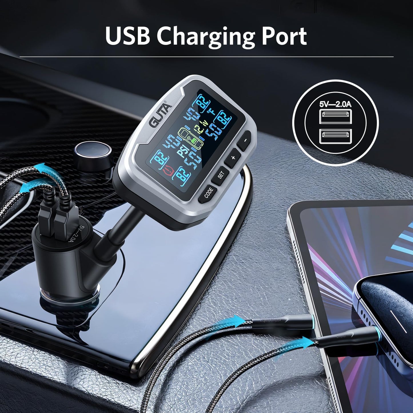 GUTA RV Tire Pressure Monitoring System, Trailer TPMS, 6 Sensors, 6 Alert Modes, Long Range Signal, CLA Charging & 2 USB-A Outputs, Adjustable LCD Display, Ideal for RV Truck Trailer Camper (0-188psi)