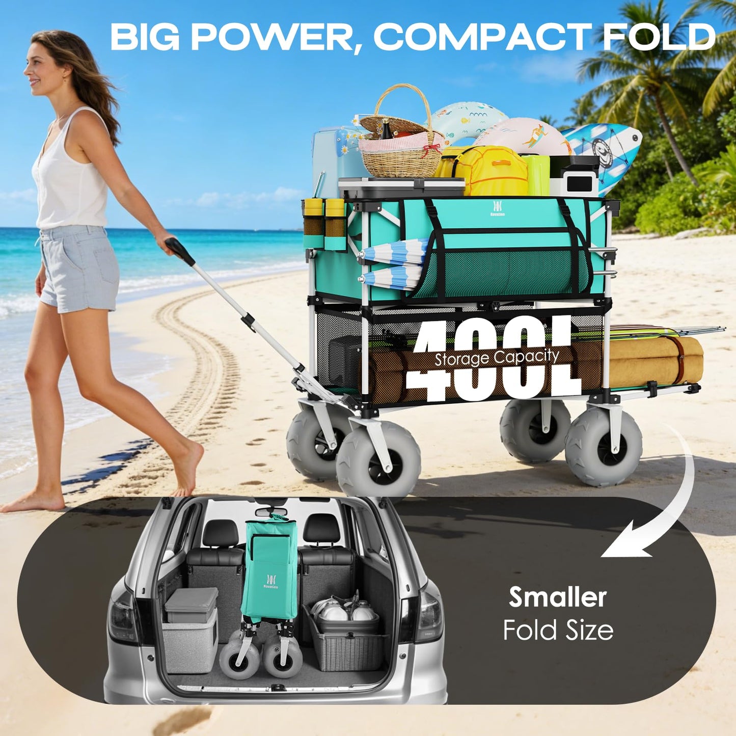 Navatiee 500Lbs Double Decker Wagon, 400L Large Capacity Heavy Duty Beach Cart with 9" Balloon Wheels for Sand, Folding Collapsible Wagon with Side Pocket for Beach, Sport, Camping, Light Blue
