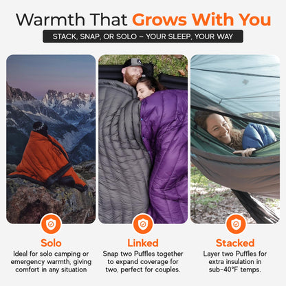 Sierra Madre Puffle 40 Camping Blanket – 5-in-1 Packable Warm Puffy Camping Quilt, Sleeping Bag & Camp Blanket – Lightweight, Water-Resistant Backpacking Quilt for Hiking, Travel & Outdoor Adventures