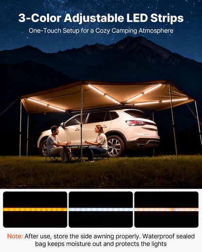 VEVOR 270 Degree Awning with Bulit-in LED Light 3 Colors, 133 sq.ft Driver Side Vehicle Awning, UV50+ Waterproof Car Side Awnings, All-Weather Overland Awnings Car Shelter for SUV Truck Camping