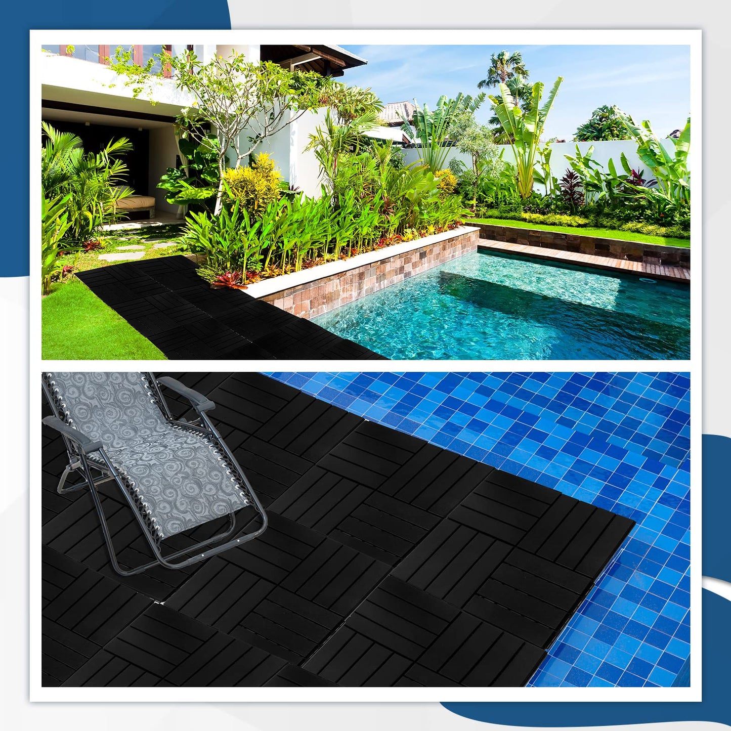 Treela 48 Pcs Plastic Interlocking Deck Tiles 12 x 12 Inch Patio Deck Tiles Waterproof Non-Slip Outdoor Flooring Composite Floor Boards for Porch, Poolside, Balcony, Backyard, Garden (Black)