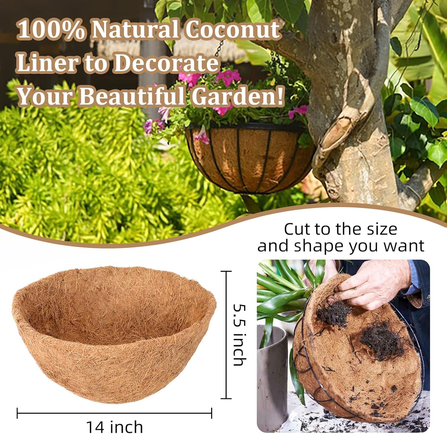Legigo 14-Inch Coco Fiber Hanging Basket Liners - 4 Pack of 100% Natural Round Plant Liners