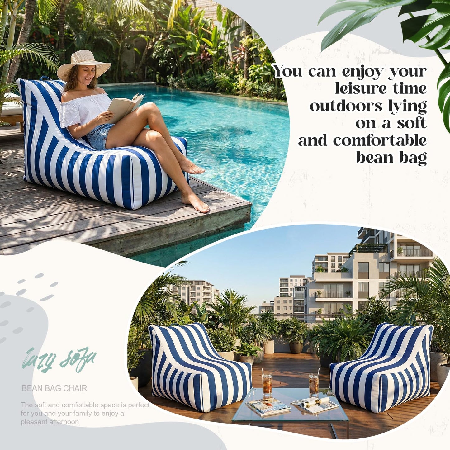 Briwooody Boat Bean Bag Chair Waterproof Outdoor Beanbag Chair Patio Lounge Comfy Lazy Sofa Couch Seating for Boat, Pool, Marine Balcony (Blue,White)