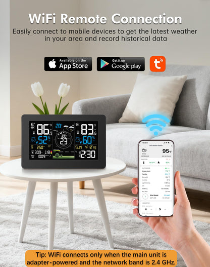 WiFi Weather Station Wireless Indoor Outdoor, Thermometer with Rain Gauge and Wind Speed/Direction, Large Display for Weather Forecast, Temperature, Humidity, Clock, Alarm, UV, Air Pressure, Black