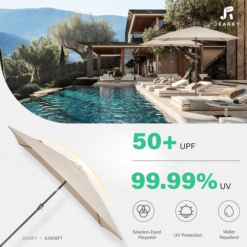 JEAREY Rectangular Patio Umbrella - 6.5x10 ft with Push Button Tilt & Crank | UV Protection, Beige