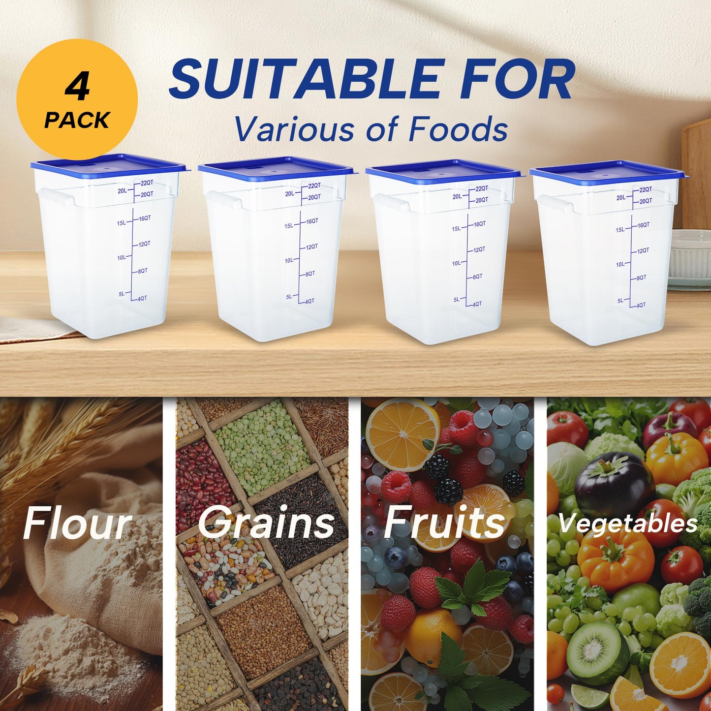 STEELUS 4 Pack 22 Quart Food Storage Containers with Lids, Polycarbonate Square Commercial Food Containers, NSF, Clear, New Version