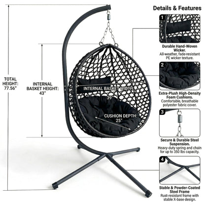 KEIKI Hanging Egg Chair with Stand, Patio Hammock Swing Chair with Cushion, Patio Swing Basket Chair for Balcony, Backyard, Garden, Black