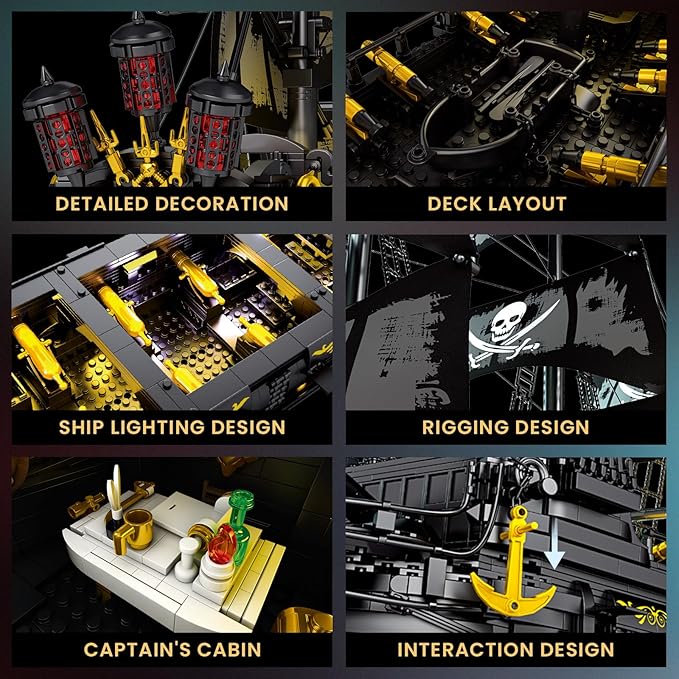 Reobrix Pirate Ship Building Set with LED Lights Collectible Large Black Pearl Model Kit Black Ship Building Toys for Adults 66036 Ship Sailboat for Home Decor Gift for Pirate Ship Fans 14+