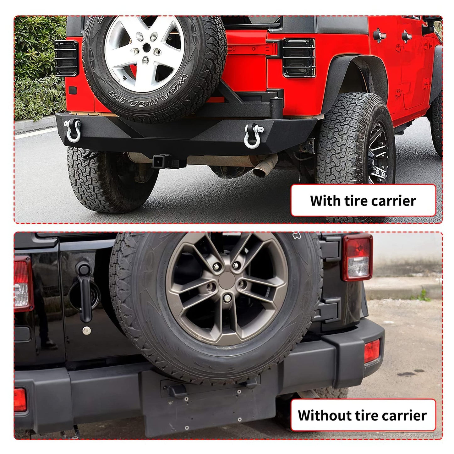 LEDKINGDOMUS Rear Bumper with Tire Carrier and 2" Hitch Receiver Compatible with 07-18 Wrangler JK JKU Rubicon Sahara Sports Model Offroad Rock Crawler Bumper Textured Black
