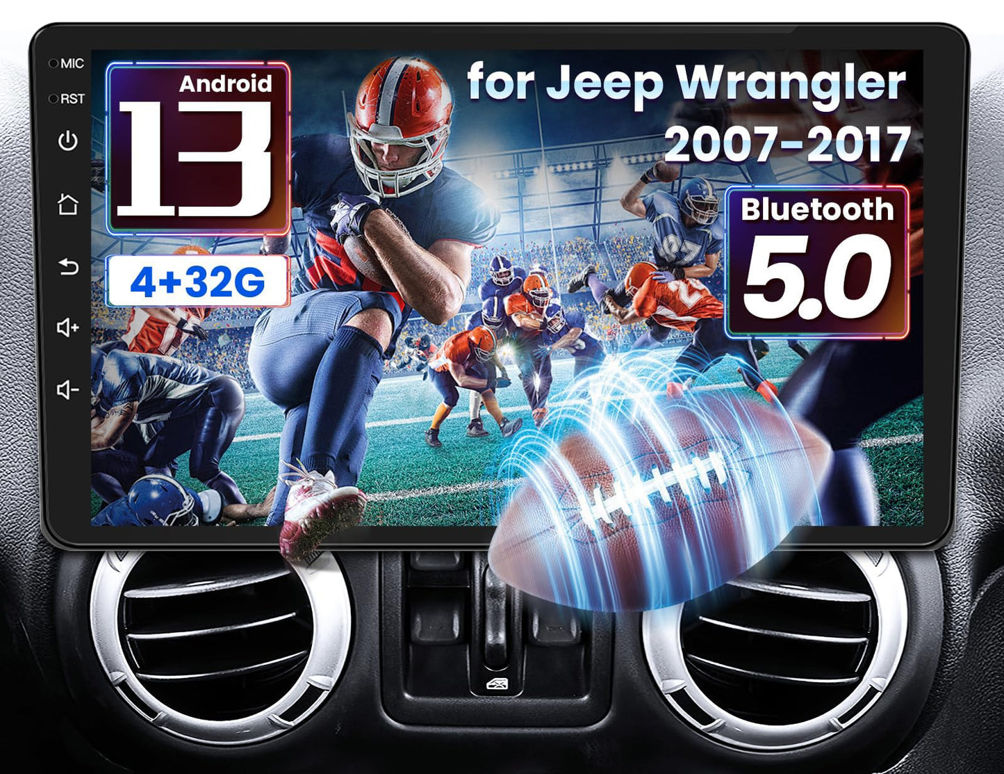 Car Stereo Radio for Jeep Wrangler JK 2007-2017 Grand Cherokee Compass, Android 13 4GB+32GB 10.1 inch Touchscreen with Wireless CarPlay Android Auto, GPS, WiFi, AM/FM, Backup Camera