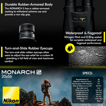 Nikon MONARCH 5 20x56 Binocular - 56mm Objective Lenses, High Light Transmission, Multilayer-Coated Optics - Waterproof Fogproof Shock-Resistant Tripod Adaptable Outdoor Hiking Hunting Binoculars