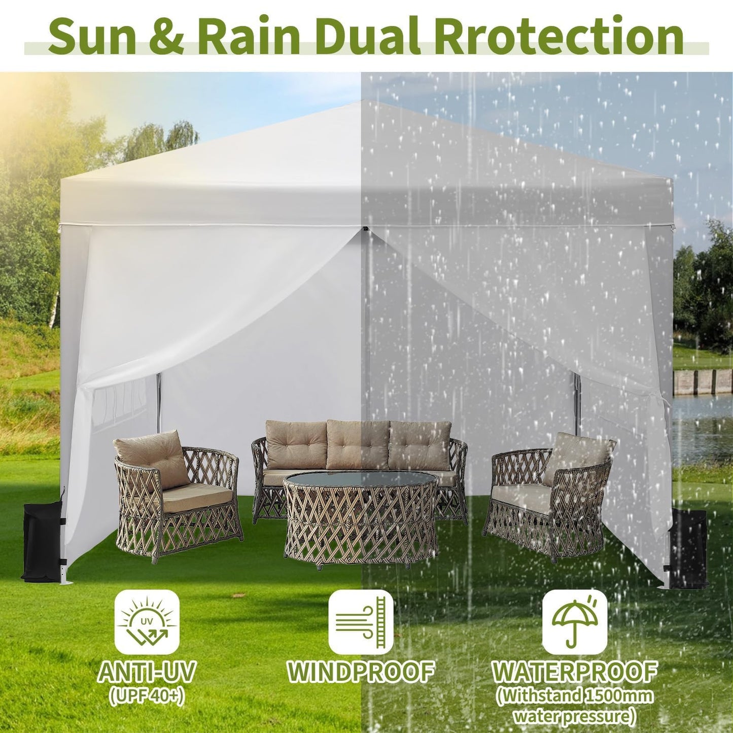 White 10x10 Pop-Up Canopy Tent with 4 Sidewalls – Portable Instant Shelter, Waterproof Outdoor Gazebo for Camping, Parties, Backyard & Beach Activities
