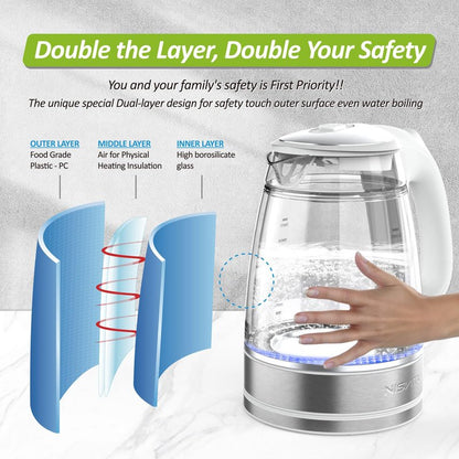 NISVITU Glass & Stainless Steel Cordless Electric kettle for boiling water, Hot water boiler Electric Tea Kettle automatic shut off Boil-Dry Protection, PC Outer + Glass Inner, 1500W, 1.7L, WH