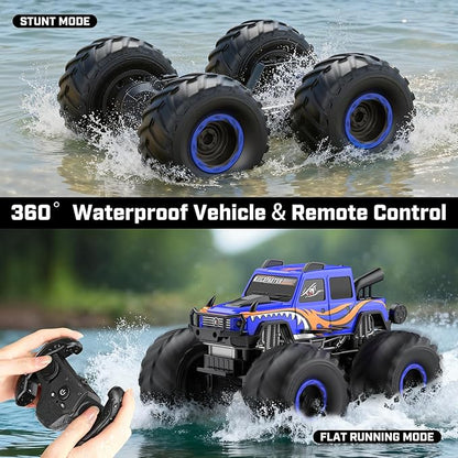 WayEee Remote Control Car Toys for Kids 6+ RC Car Waterproof Monster Truck Toys Amphibious 4X4 Pickup All Terrain Off-Road Vehicles 2.4GHz Remote Control 1/18 Scale RC Truck Boys Gifts/Blue