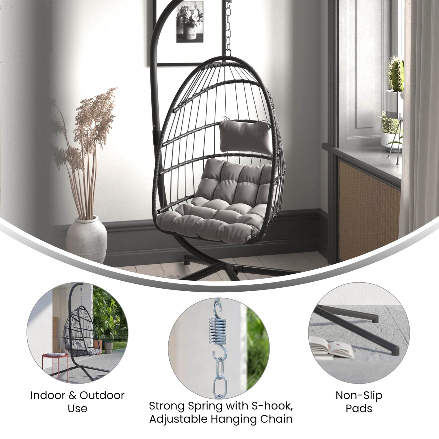 Flash Furniture Cleo Indoor/Outdoor Patio Hanging Egg Chair - Gray Frame with Gray Seat Cushions - Black Powder Coated C-Style Stand - Hanging Hardware Included