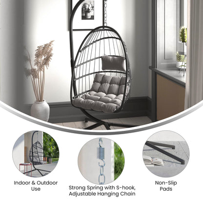 Flash Furniture Cleo Indoor/Outdoor Patio Hanging Egg Chair - Gray Frame with Gray Seat Cushions - Black Powder Coated C-Style Stand - Hanging Hardware Included