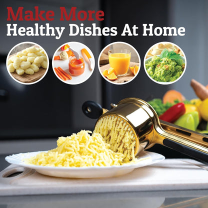 PriorityChef 15oz Heavy Duty Potato Ricer - Stainless Steel Masher with 3 Discs | Gold & Black Silicone