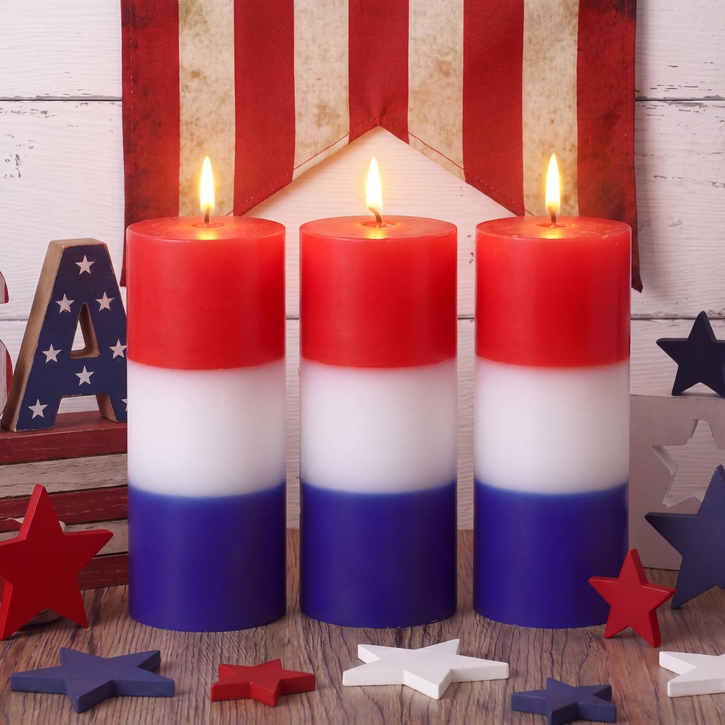 Conelist 3 Pcs Red White and Blue Wax Candle 4th of July Unscented Dripless Pillar Patriotic Candles Smokeless Independence Day American Gifts for Dinner Party Decoration(Red Blue White,2 Inch)