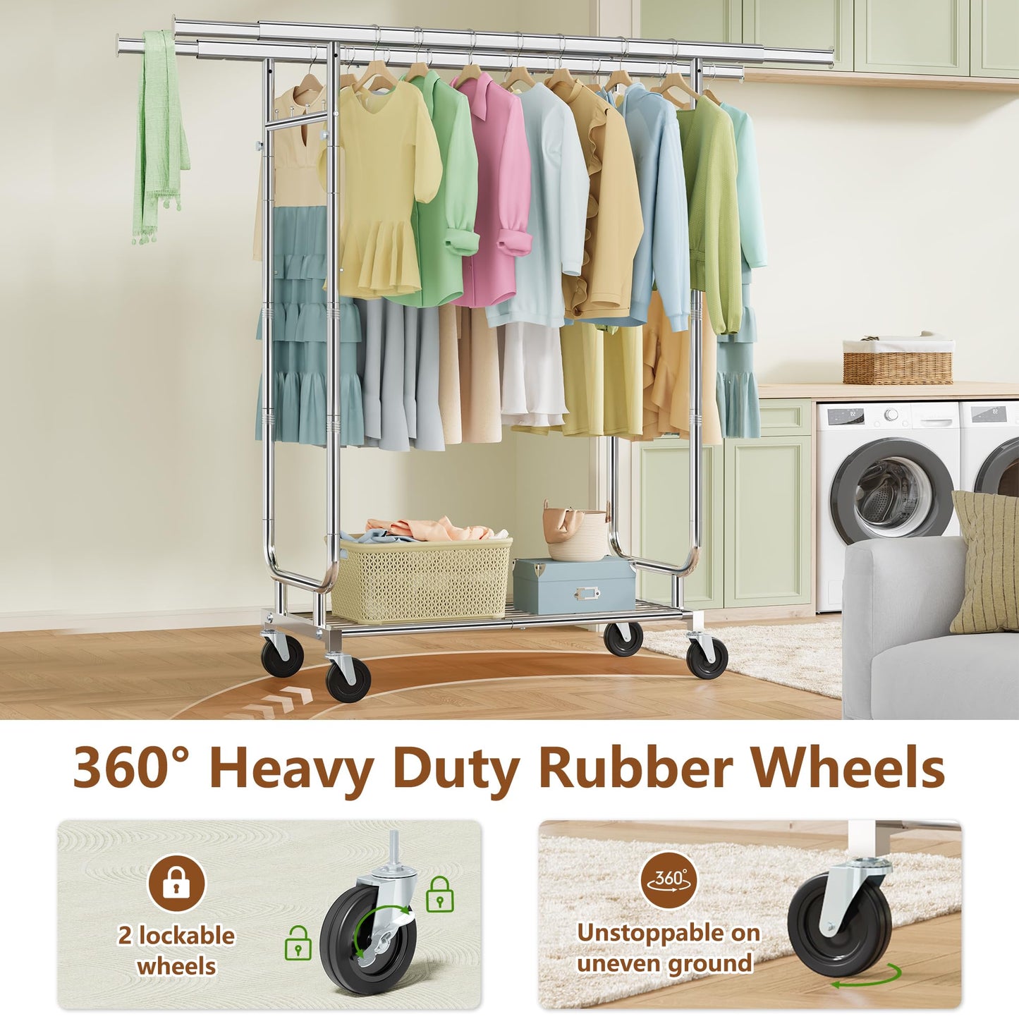 Heavy Duty Rolling Clothes Rack, 620 LBS Load Double Rod Adjustable Garment Rack with Storage Shelves & Lockable Wheels, Portable Clothing Rack for Hanging Clothes for Bedroom, Laundry Living Room