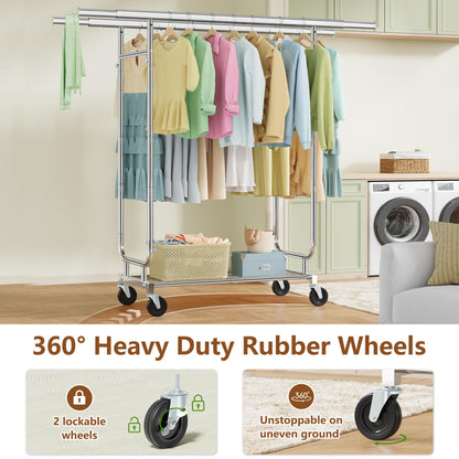 Heavy Duty Rolling Clothes Rack, 620 LBS Load Double Rod Adjustable Garment Rack with Storage Shelves & Lockable Wheels, Portable Clothing Rack for Hanging Clothes for Bedroom, Laundry Living Room