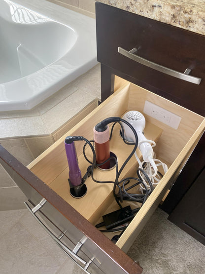 Compact in-Drawer Outlet with Cord Management Arm (2) USB-A Ports (2) 15 Amp Plugs fits Narrow and Shallow Drawers