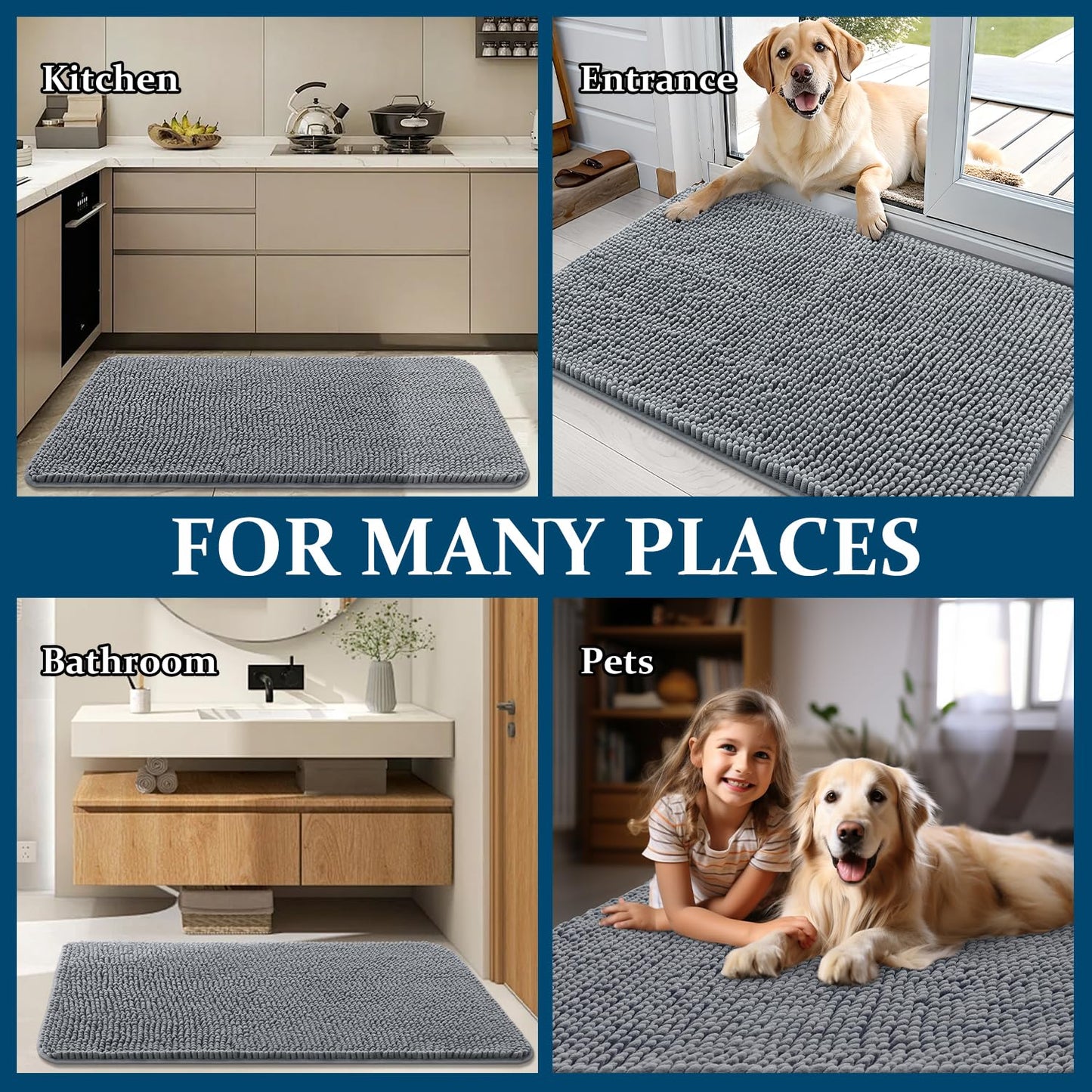 OLANLY Dog Door Mat Set 4-Piece 47x24, Absorbs Moisture and Dirt, Absorbent Non-Slip Washable Doormat, Quick Dry Chenille Mud Mat for Dogs, Entry Indoor Entryway Carpet for Inside Floor, Grey