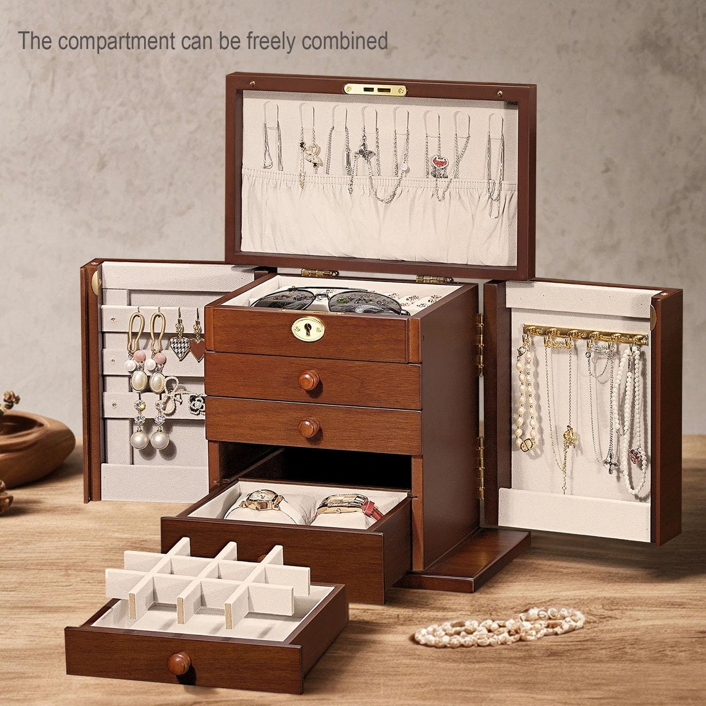Artisticbox Lockable Wooden Jewelry Box for Women - 8-Layer Dresser Top Jewelry Boxes and Organizer with Key,Large Storage for Necklaces,Solid Wood Jewelry Organizers with Necklace Hooks