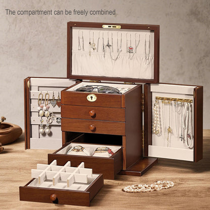 Artisticbox Lockable Wooden Jewelry Box for Women - 8-Layer Dresser Top Jewelry Boxes and Organizer with Key,Large Storage for Necklaces,Solid Wood Jewelry Organizers with Necklace Hooks
