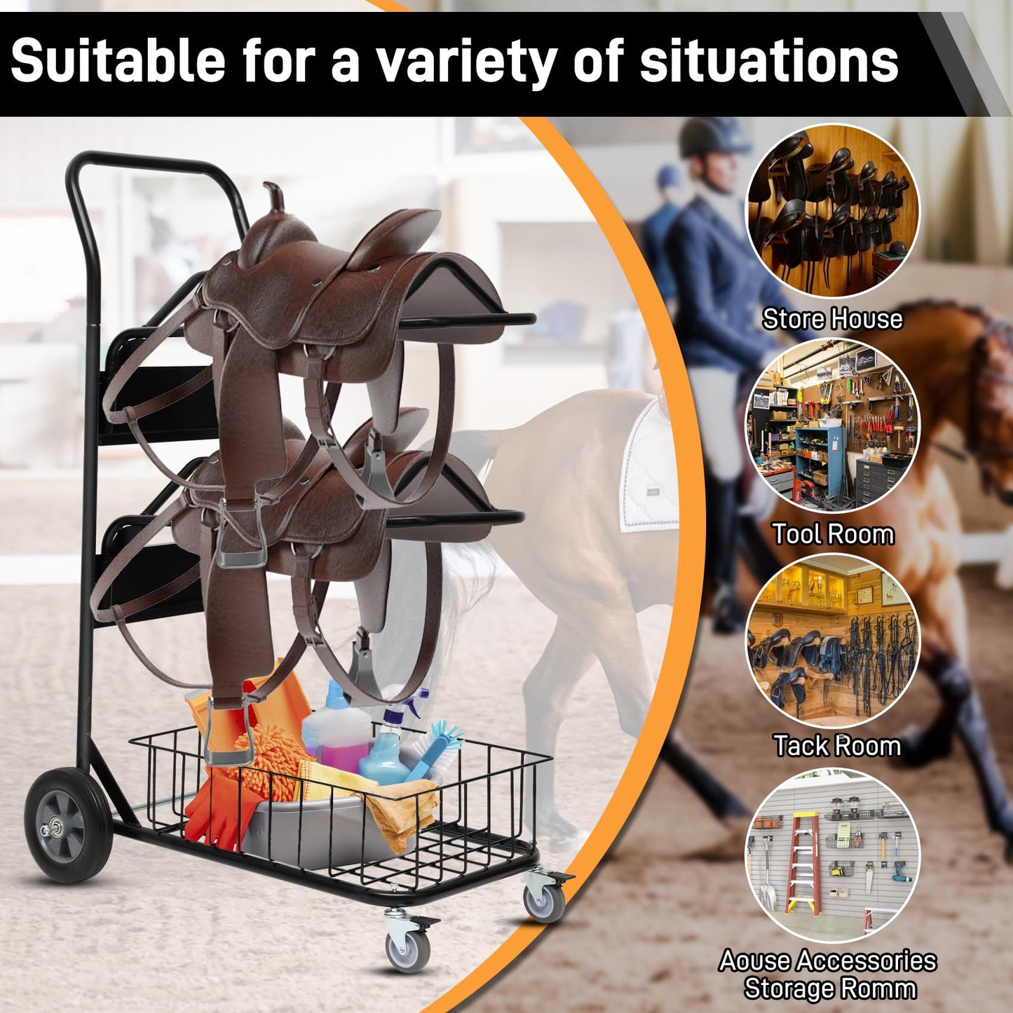 Heavy Duty Two Tier Saddle Rack Stand, Wheeled Saddle Cart with Basket, Ideal for Storing, Transporting, Organizing, and Moving Supplies - Detachable