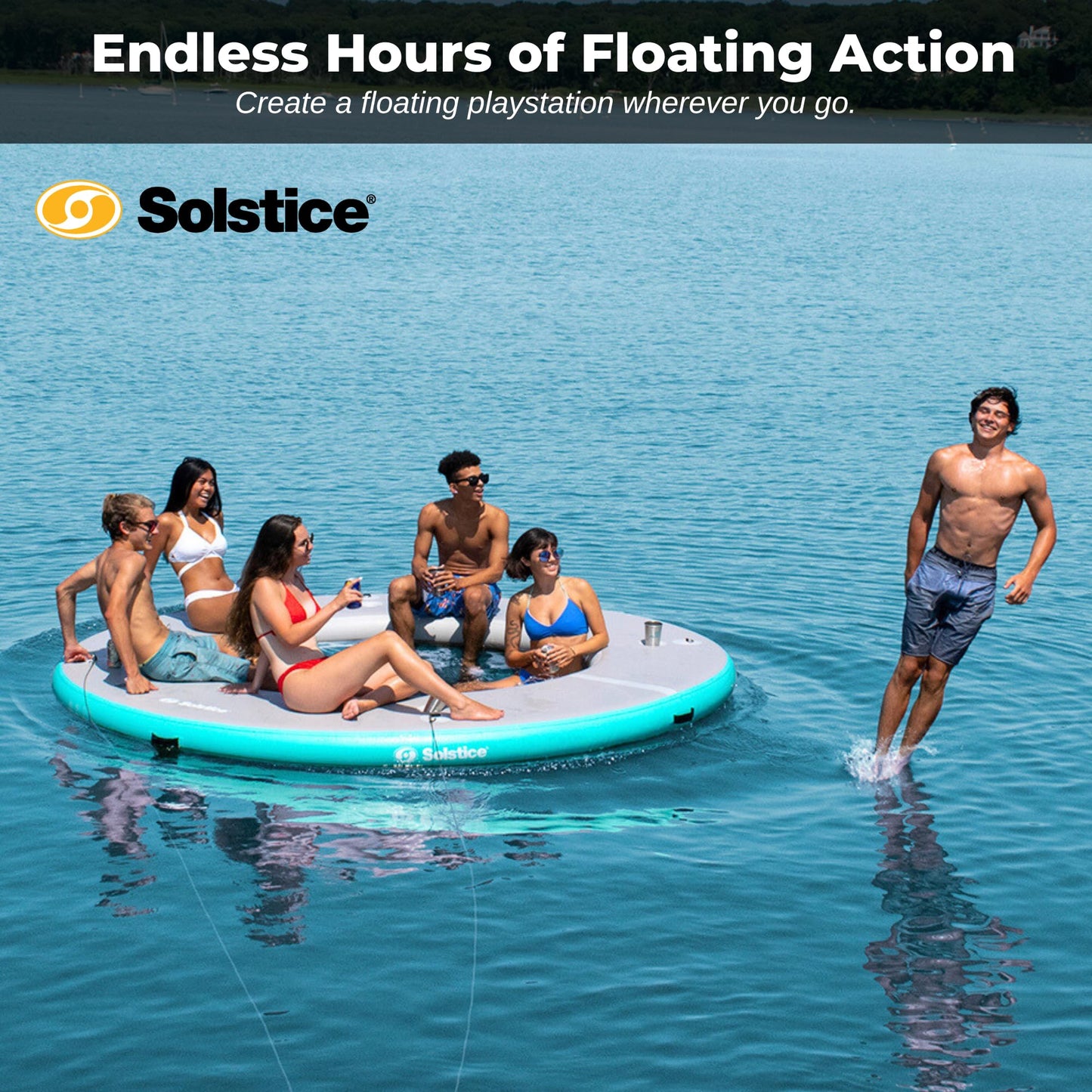 Solstice 10-Person Circular Mesh Inflatable Dock, Floating Water Raft Platform, 10ft - Round Outdoor Ring for Lake, River, Swimming Pool & Beach, Includes w/Carry Bag & Repair Kit