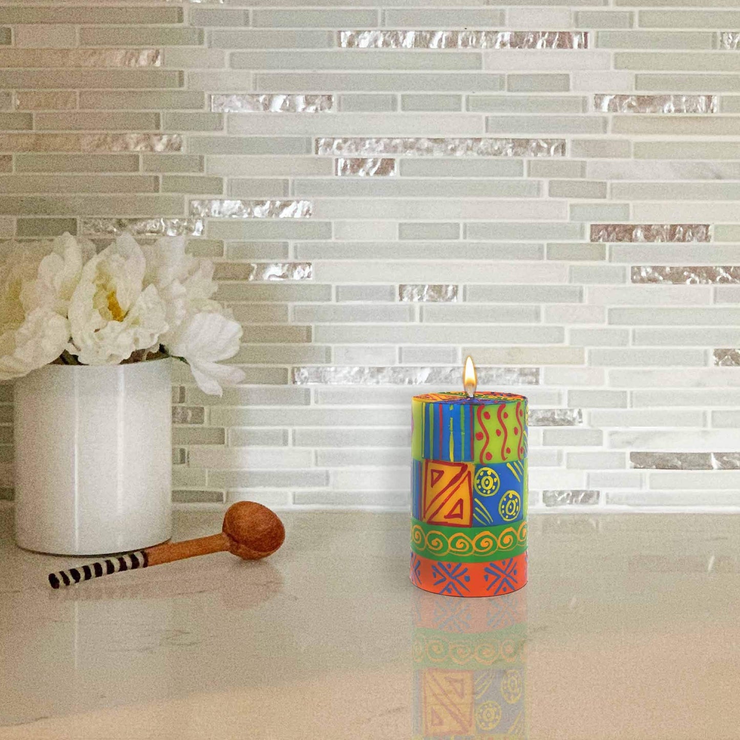 Global Crafts Shahida Design - Hand Painted Pillar Candle - Unscented African Geometric Gift Box