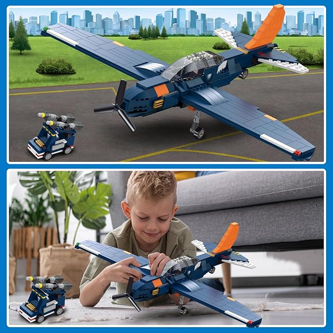 HOGOKIDS 3 in 1 Fighter Jet Plane Building Sets Military Propeller Aircraft Gunship Building Toys with Vehicle/Rocket Launcher/Speedboat Model Toys Birthday Gift for Kids Boys and Girls 10+ 738PCS