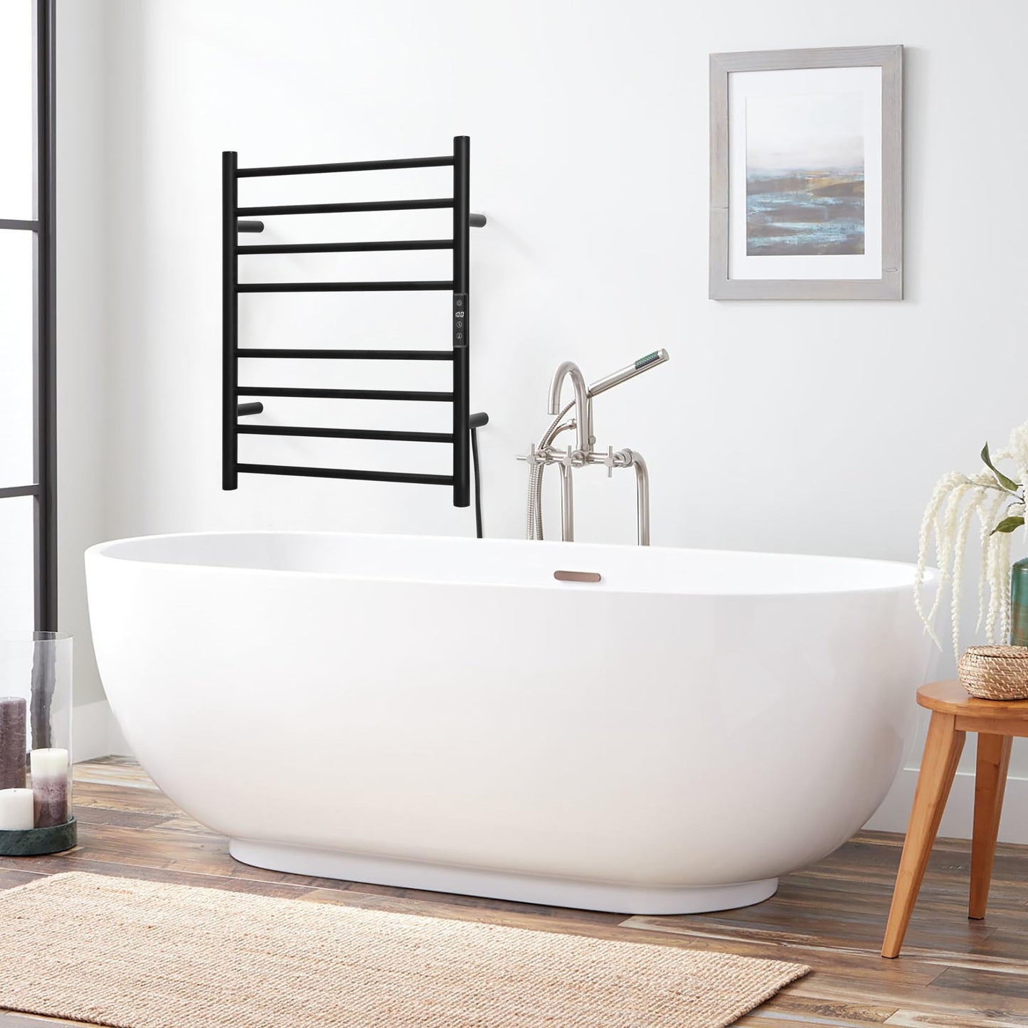 KEG Towel Warmer 8 Bars for Bathroom Freestanding or Wall Mounted Bath Towel Heater Plug-in with Built-in Timer Silver