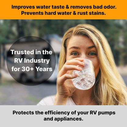 Essential RV Water Softener Portable 16,000 Grain w/o Custom Hose, Long Lasting for RVers Vanlife, 3/4" Fittings, Softens Hard Water When Traveling or Mobile Spot Reducing Car Washing