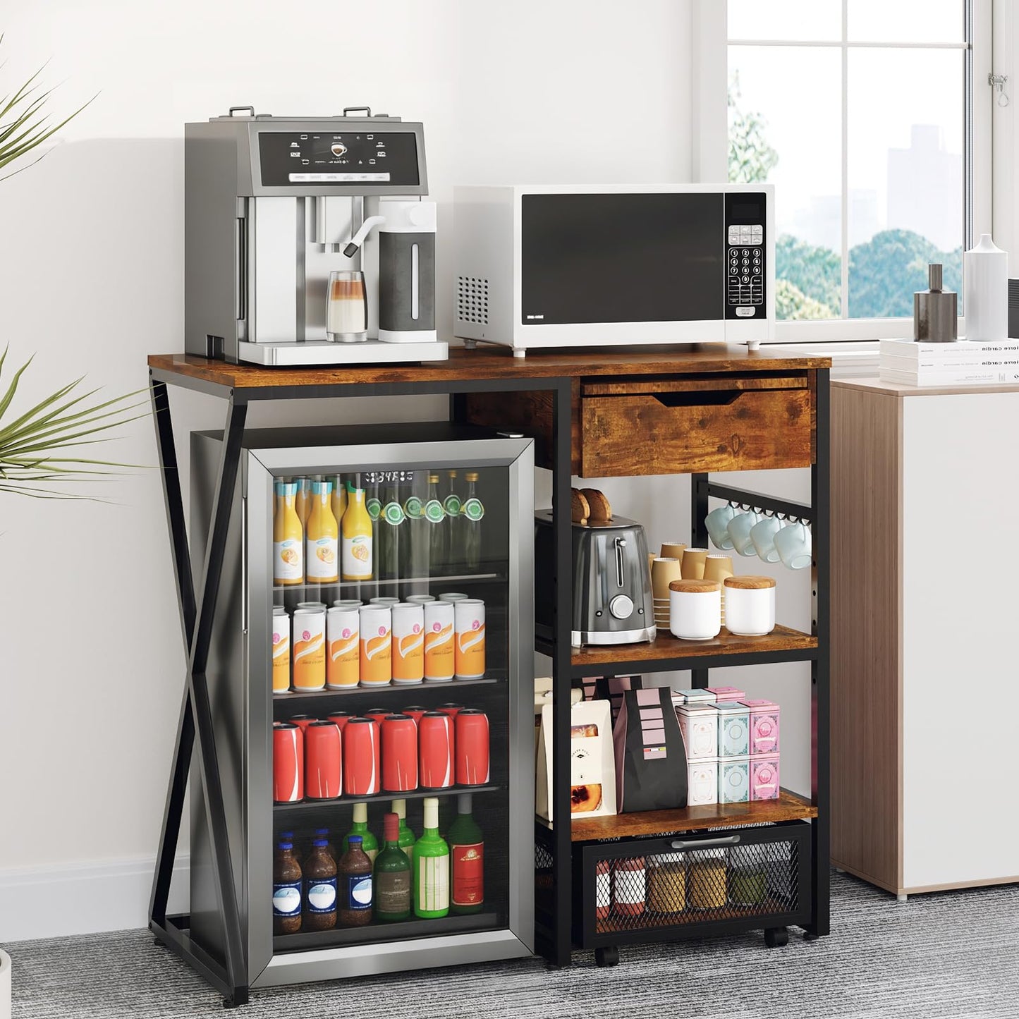 41.7in Mini Fridge Stand with Storage Shelf, 3-Tier Microwave Stand & Coffee Bar Organizer with Power Outlet, Basket, Pull-out Work Platform, 160LBS Sturdy Mini Fridge Shelf for Dorm, Apartment