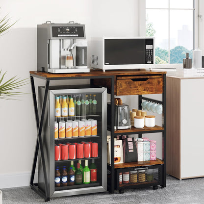 41.7in Mini Fridge Stand with Storage Shelf, 3-Tier Microwave Stand & Coffee Bar Organizer with Power Outlet, Basket, Pull-out Work Platform, 160LBS Sturdy Mini Fridge Shelf for Dorm, Apartment