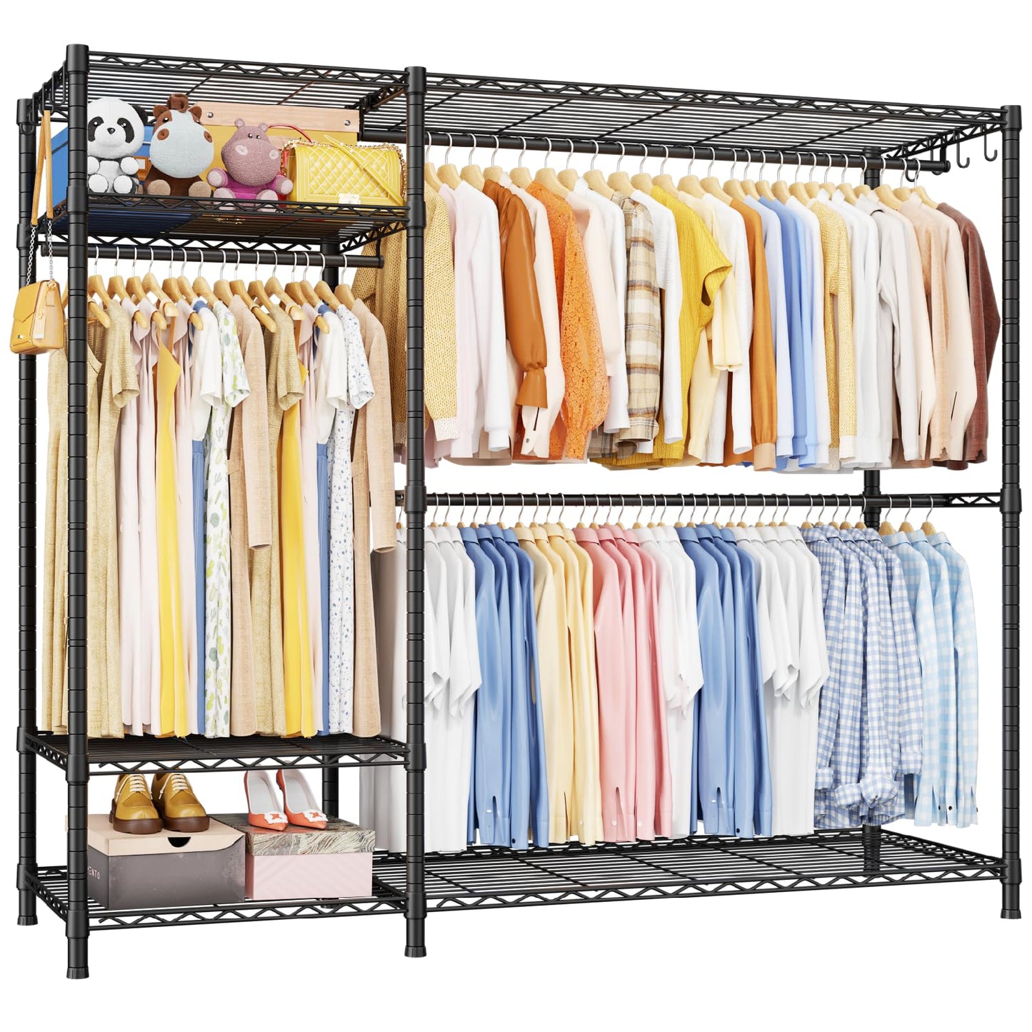 Ulif F7 Plus Garment Rack, Heavy Duty Clothes Rack, Clothing Racks for Hanging Clothes, 6-Tiers Freestanding Portable Closet Storage Rack 68'' W × 14.6'' D × 76.6'' H, Max Load 850 Lbs, Black