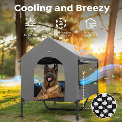 Veehoo 47" Dog House, 2-in-1 X-Large Dog House Outdoor Indoor Weatherproof, Outside Elevated Dog Cot Bed Dog Tent Shade, Three-Sided Breathable Mesh Windows and Sunshades, CWC2435CP
