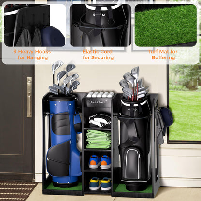SuniBoxi Wooden Golf Storage Organizer for Garage, Premium Golf Bag Holder Rack for Golfing Accessories, Great Gift for Golfers,Husband, Dad(2 Bags,Dark Black)