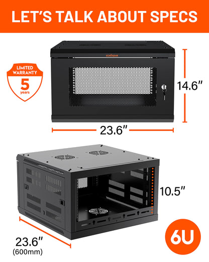 ECHOGEAR 6U Network Rack - Enclosed Wall Mount Rack Kit Includes 2x 1U Shelves, Pre-Mounted Fan, Lockable Door & Hardware - 600mm Depth Fits All Your AV Gear